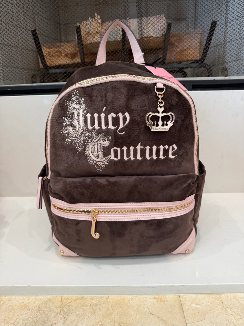 NWT Juicy Couture Renaissance Chocolate Brown Pink Velour Backpack